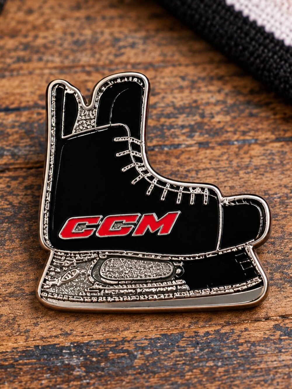 Vintage CCM Hockey Skate Enamel Pin Black Red Silver